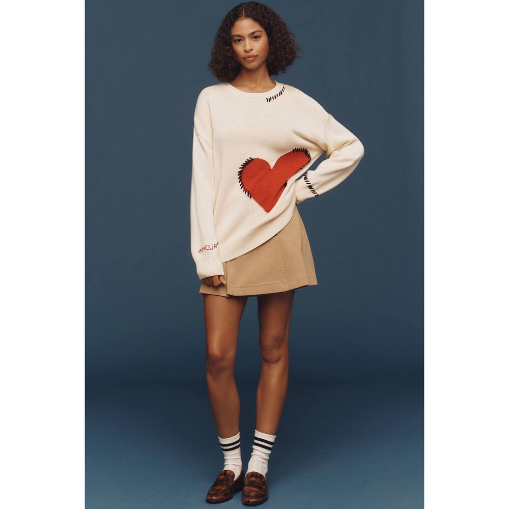 New Anthropologie Maeve Crew-Neck Whipstitch Heart Icon Sweater Size M